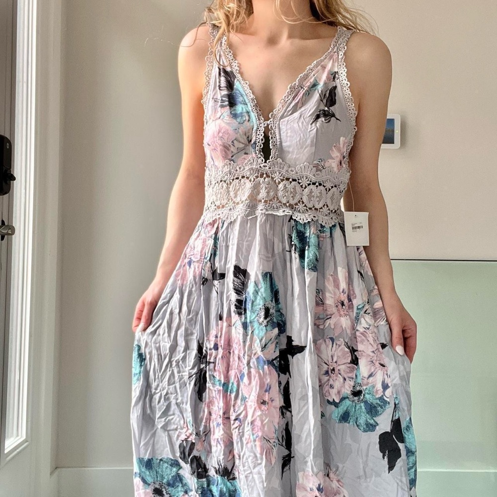 Pink & Blue Floral Lacy Wedding Guest Maxi Dress